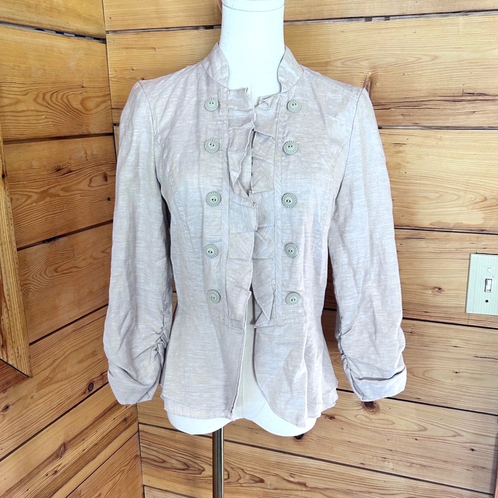 Linen Blazer Open Front Jacket Women‎ Medium Beige Lace Back Ruffle Maurices
